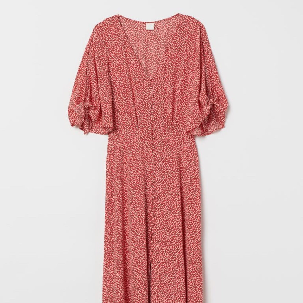 H&M Red and White Floral Midi Dress Size 12